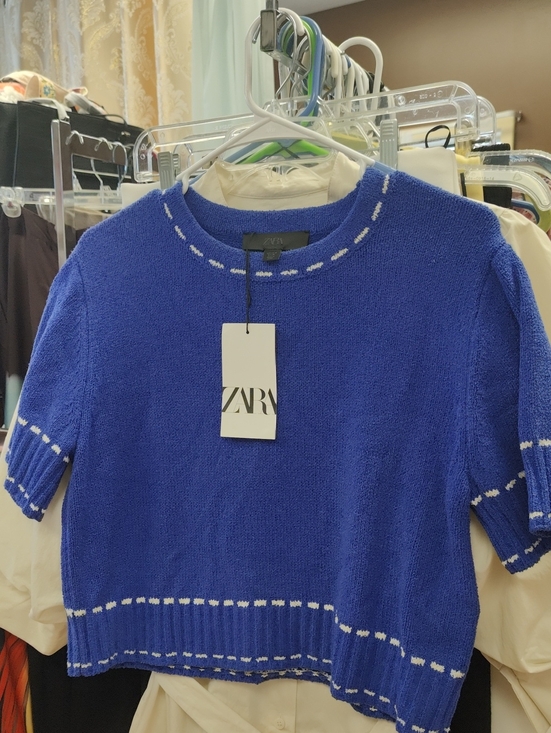 Zara Tops - Zara Royal Blue Short Sleeve Knit Top with White Stitching
